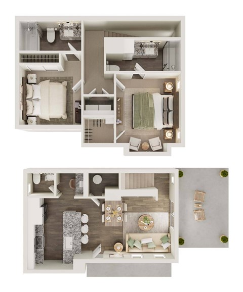 Floor plan for 2 beds, 2.5 baths, 1058 sqft